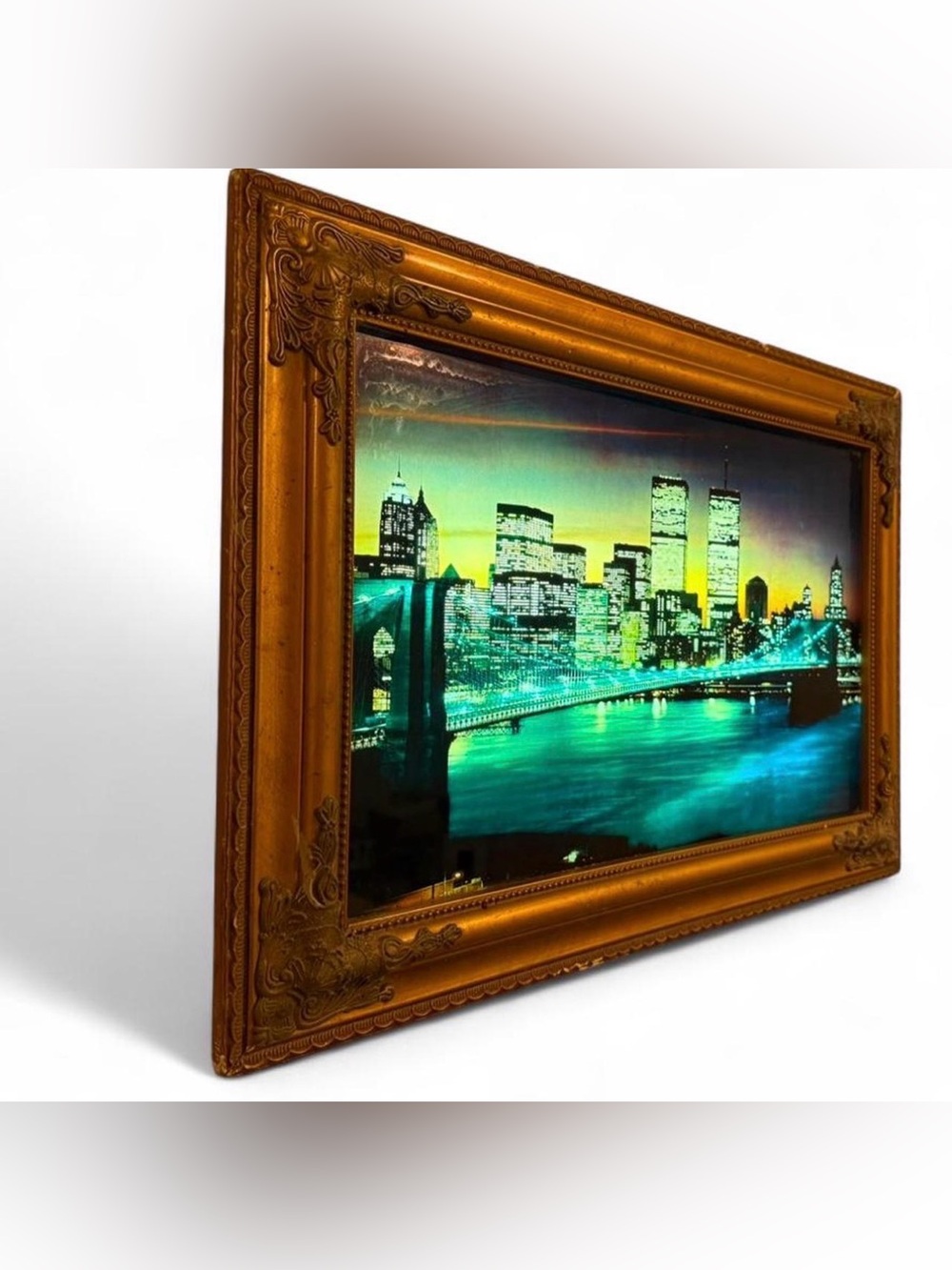 Vtg NYC Twin Towers WTC Lighted Sound Picture Brooklyn Bridge Wall Art 26x18x3